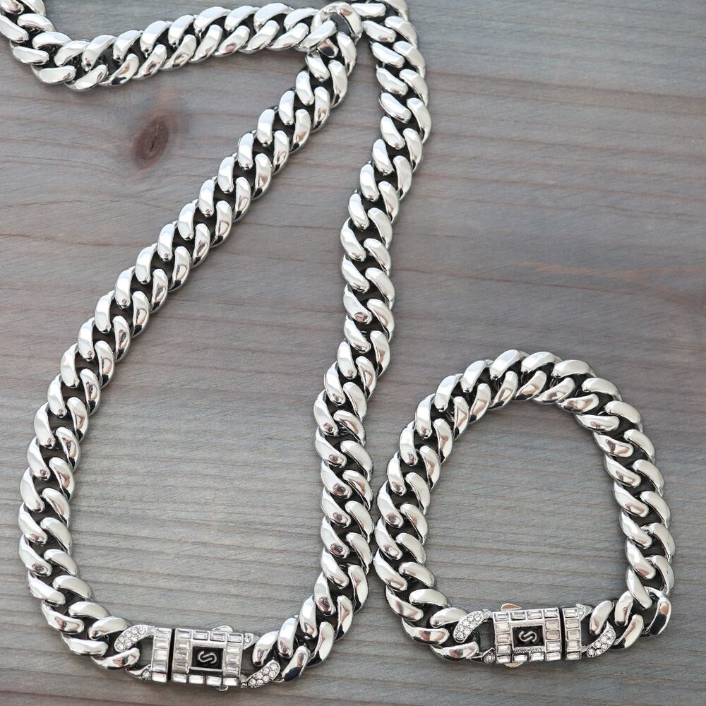 12mm Miami Cuban Monaco Style with CZ Diamond Chain Silver N/B Set